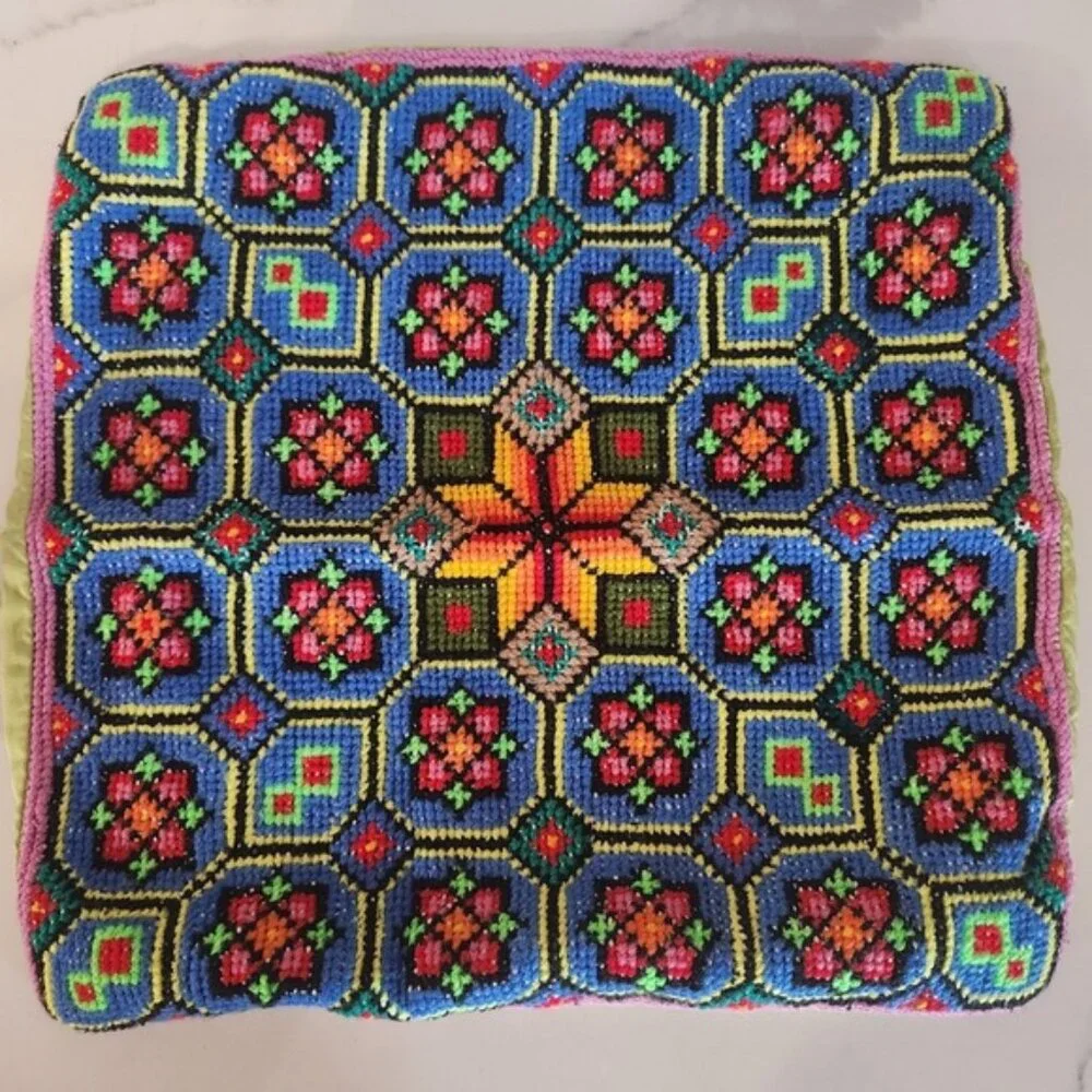 Vibrant Geometric Embroidered Pillow Cover Accent Cushion Case handmade vintage‎